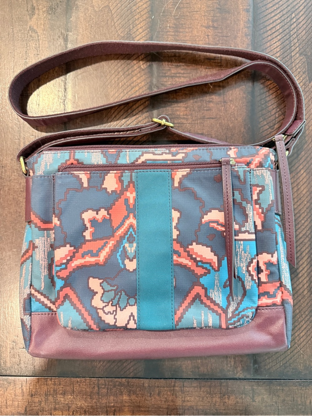Fossil Teal and Burgundy Patterned Crossbody Bag